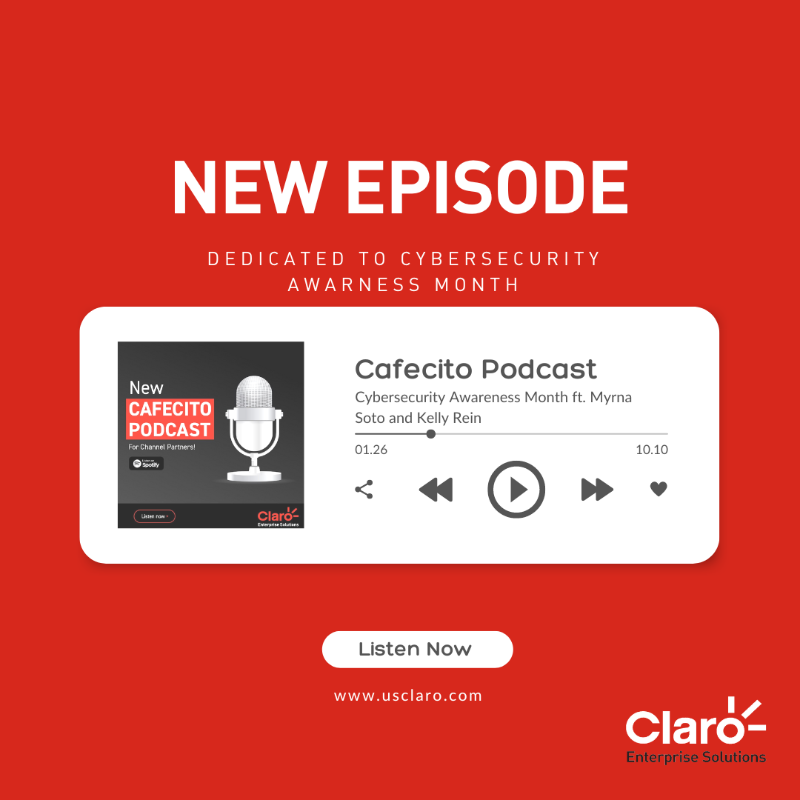 USClaro's tweet photo. ⭕️ Welcome back to our #CafecitoPodcast! This month, we have a special episode dedicated to #CybersecurityAwarenessMonth!

We welcome back #cybersecurity experts @Myrna_Soto, CEO and Founder of @ApogeeExecAdvisors &amp; @kellyjrein, Sr. Director of Products at @USClaro.