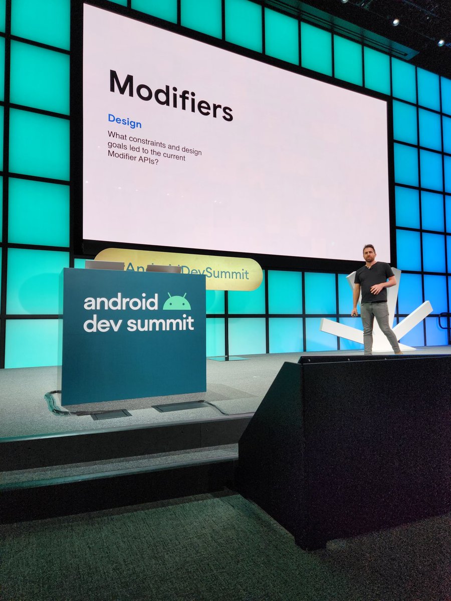Oh, oh, oh, oh. Modifiers have been legit one of my favorite parts of the design of Compose. Been playing around with custom ones and trying to really get how they work. SO JAZZED to be front row for this ModifierFest with @intelligibabble. #AndroidDevSummit
