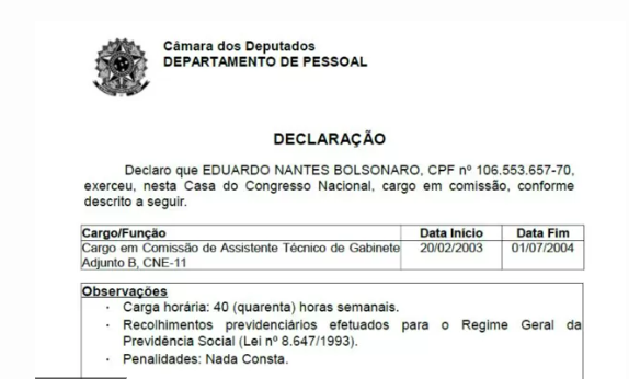 Eduardo Bolsonaro foi funcionário fantasma do gabinete da lidernaça do PTB na Câmara dos Deputados. Quem o nomeou foi Roberto Jefferson, claro. Ele e Bolsonaro eram "amigos de rachadinha".