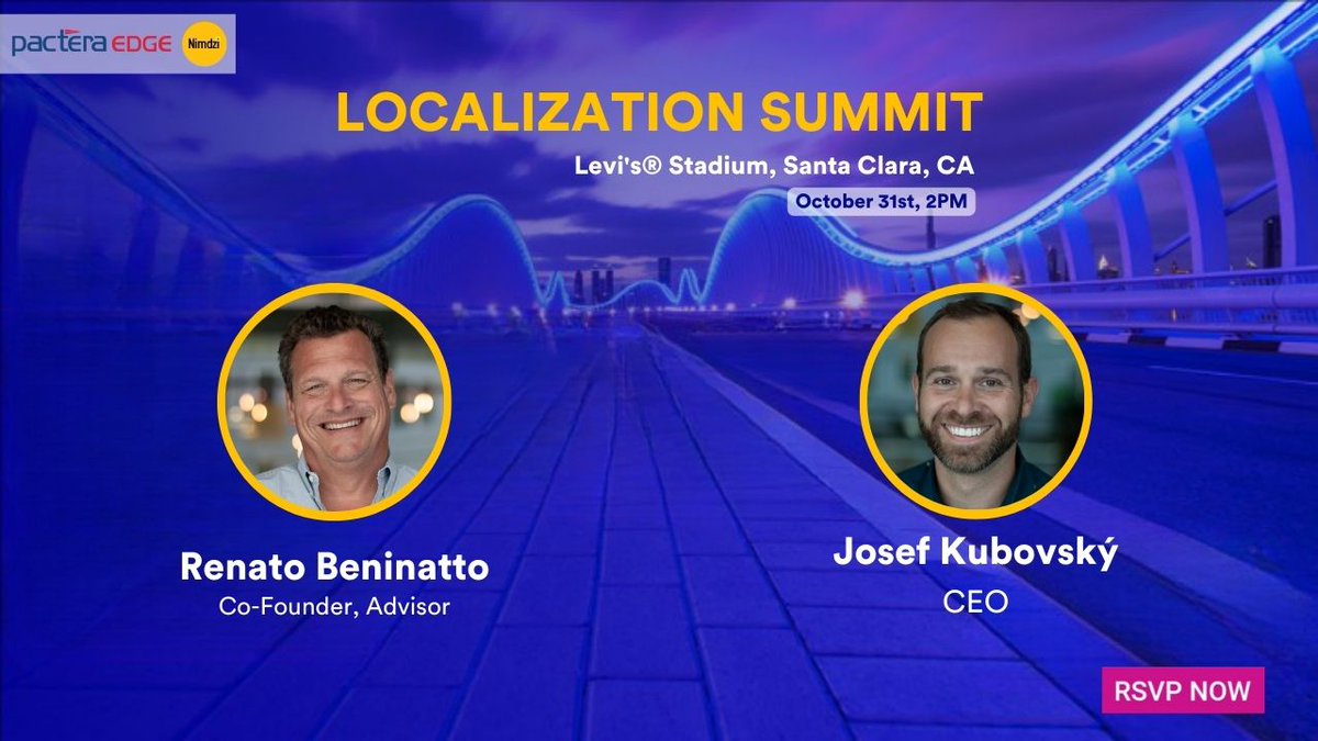 Nimdzi_Insights's tweet photo. On Monday, October 31st, join our Co-Founder @renatobeninatto and CEO @JosefKubovsky at @PacteraEDGE’s Localization Summit.
👉More information: https://t.co/oZivM9Ga99
#NimdziAtEvents #TalkToNimdzi https://t.co/O7Ox5o9TWm