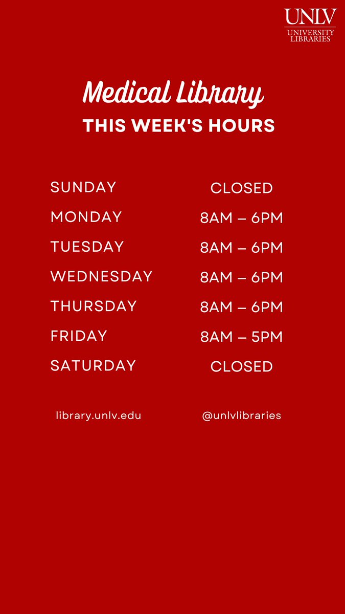 unlvlibraries's tweet photo. This week's opening hours at the #MusicLibrary, #ArchitectureLibrary, #MedicalLibrary, and #TDRL. https://t.co/nZkQCTiRD7