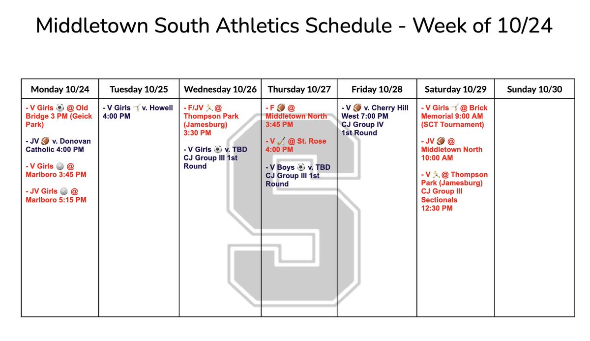 Schedule for the week! State soccer matchups TBD! <a href="/JRCarroll4/">Rich Carroll</a> @StacyATCSouth <a href="/MiddsouthNation/">Midd South Nation</a> <a href="/EspositoMHSS/">Vincent Esposito</a> <a href="/ColteMHSS/">Danielle Colte</a> @albanesemhss <a href="/MTPSRasmussen/">𝐉𝐢𝐦 𝐑𝐚𝐬𝐦𝐮𝐬𝐬𝐞𝐧</a>