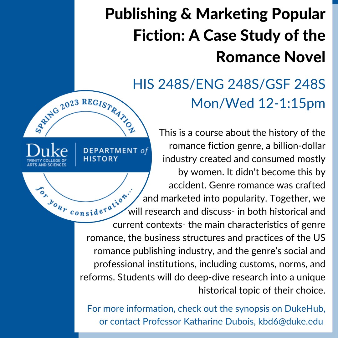 DukeHistoryDept's tweet photo. Shopping carts open today! Keep an eye on this feed for some of the many great courses the History Department is offering this Spring.
#ConsiderHistory #DukeHistory #registerhumanities
@DukeTrinity @DukeAdvising @VPUEDuke @DukeStudents @BlDvlHumanities https://t.co/ANhxKRuu2G