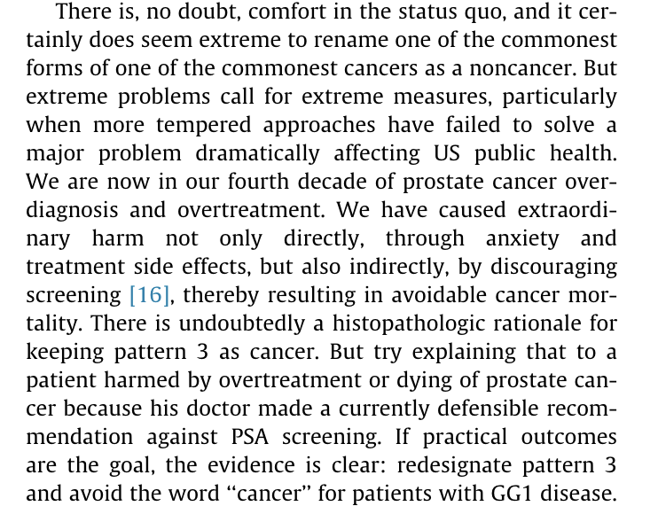 The rationale for removing the cancer designation from Gleason pattern 3 is 100% practical. What will happen if we continue to call pattern 3 cancer &amp; what will happen if, instead, we use a label other than cancer? doi.org/10.1016/j.euru… <a href="/uroegg/">Scott Eggener</a> <a href="/dr_coops/">Matt Cooperberg</a>