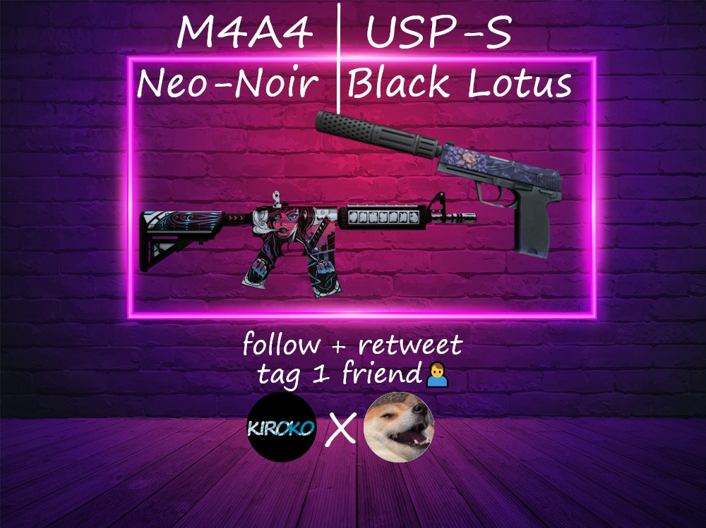_kiroko's tweet photo. 🎁♦️ CS:GO GIVEAWAY ♦️🎁

✨M4A4 | Neo-Noir   &amp;   USP-S | Black Lotus✨

  🎯TO ENTER:

✅Follow @_kiroko &amp; @Surpluhhs
✅Retweet + Like
✅Tag 1 friend

That's it! Best of luck 🤞🍀

⏰ROLLING IN 24 HOURS! 

#CSGO #CSGOGiveaway #Giveaway #csgoskins https://t.co/5t6X454Y3R