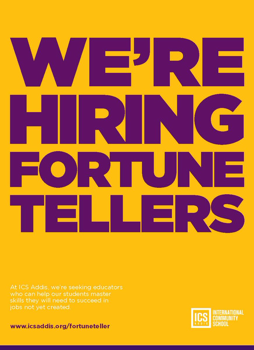 ICSAddis's tweet photo. #RecruitmentSeason is on. At ICS Addis, we are looking for quirky, risk-taking, inspiring educators who are peering into the future, finding new ways to prepare students for jobs that don't yet exist. We're hiring fortune tellers. If that's you, apply at https://t.co/kfqWD33N8Q https://t.co/Bp6jnUfh0M