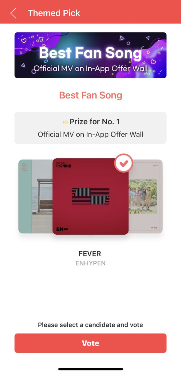 CONNECTEN_GENE's tweet photo. Choeaedol Themed Pick <Best Fan Song>

Vote for #Fever ! 💌

~ See pictures below for voting steps.
~ Current rank: #8 
~ From Oct. 23 - Nov. 7
~ Prize: Official MV on In-App Offer Wall

@ENHYPEN_members @ENHYPEN #ENHYPEN #엔하이픈 https://t.co/tDgHqOlFi7