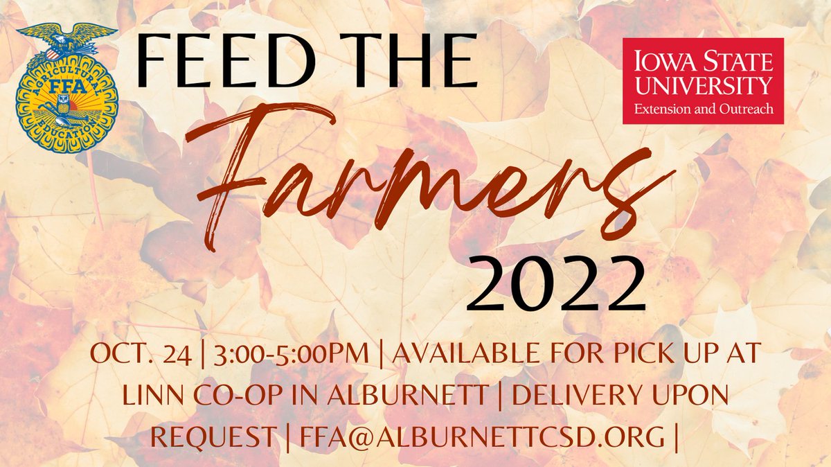 Alburnett FFA (@alburnettffa) on Twitter photo TODAY! 3-5 PM! Please email ffa@alburnettcsd.org about delivery. We have 100 meals for farmers! @ISUExtLinnCounty TODAY! 3-5 PM! Please email ffa@alburnettcsd.org about delivery. We have 100 meals for farmers! @ISUExtLinnCounty