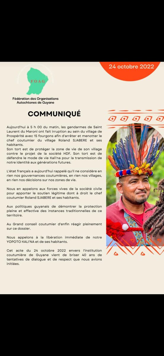 Tout notre soutien à Roland Sjabere, chef coutumier du village Prospérité en Guyane, ainsi qu’à Philippe Lamboley et aux deux autres habitants de Prospérité qui ont été placés en GAV suite à une journée de mobilisation contre le projet extractiviste de centrale CEOG.