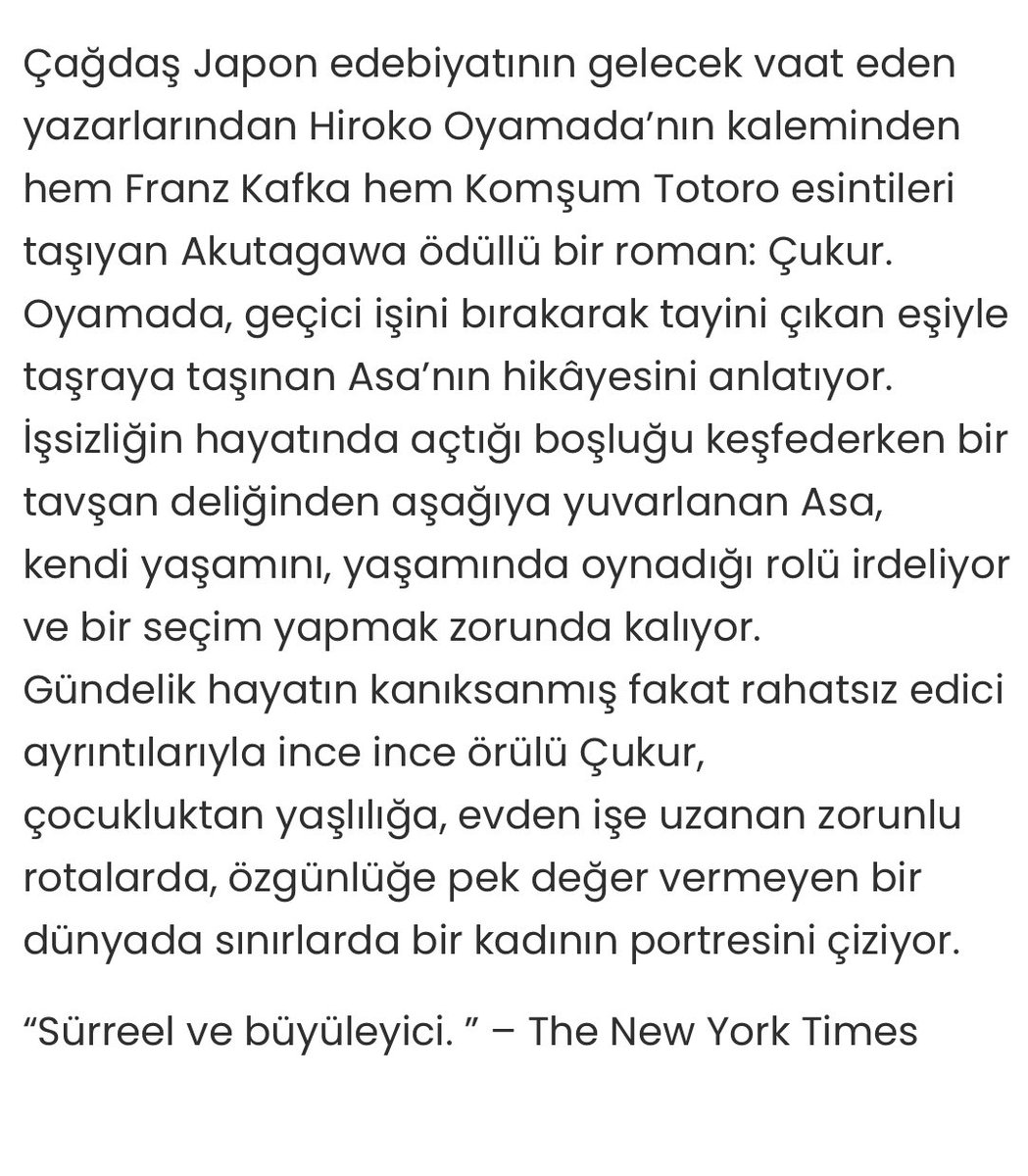 Hiroko Oyamada小山田 浩子 @holeandweasel “Çukur” romanıyla ilk kez Türkçede, raflardaki yerini aldı. Okur beğenisine arz ederim. Keyifli okumalar…📚📚