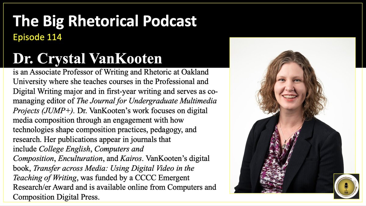 thebigrhet's tweet photo. Hey #teamrhetoric! Episode 114 is live now! Guess who is on TBR #podcast this week! It's Dr. @crystalvk from @oaklandu! Want to learn more about #digital methods &amp; methodologies? Don't miss this chat! #retweet 

Listen: https://t.co/jFfAZ6yS8i
Transcript: https://t.co/UXU2Nu0FHc https://t.co/K7ZinOGIdj