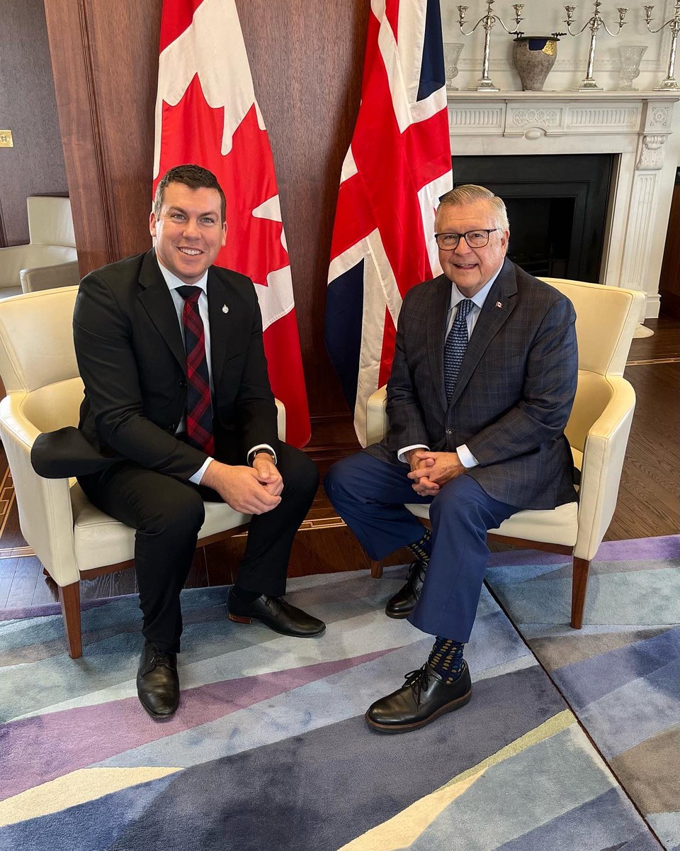 KodyBloisNS's tweet photo. Good afternoon from London. This week I am in the UK as part of the 🇨🇦-🇬🇧 interparliamentary association. It was great to speak with HC @RalphGoodale on the trade opportunities with Atlantic Canada, whether on agriculture, energy, and deepening our tourism and cultural ties. https://t.co/KjeO8cFv7A