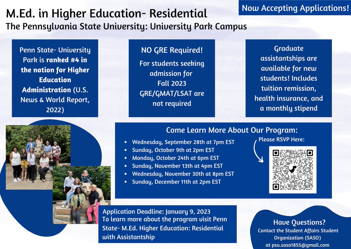 Interested in a master's degree in higher education?! come to one of our info sessions & apply to join us in State College! @PSU_EdPolicy