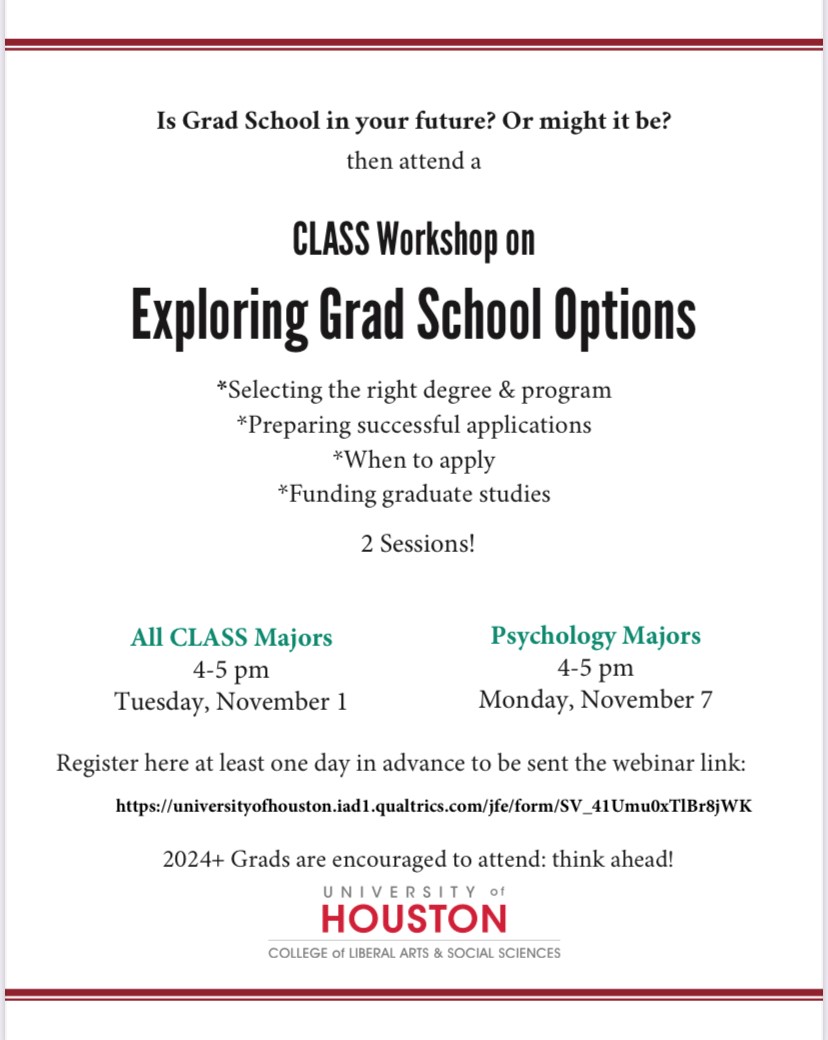 ¿Has pensado en hacer un posgrado? CLASS tendrá un taller el martes, 1ero de Noviembre (el link para inscribirte está en el volante).

Have you thought about grad school?
CLASS will have a workshop on Tuesday, Nov. 1st (link to register in flyer)
#universityofhouston #gradschool