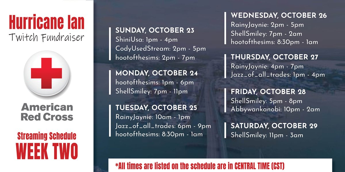We officially have Week 2's schedule for our #HurricaneIan Twitch stream fundraiser finalized! Share this tweet around to spread awareness of this event and the times listed... Thank you! ❤️
Week 3's schedule finalization coming later this week...
tiltify.com/+american-red-…