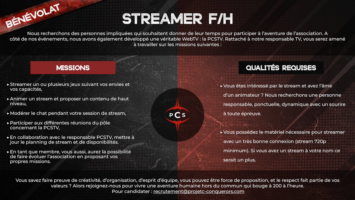 🔴| RECRUTEMENT |⚫️

📺La <a href="/PCS_TV/">PCS TV</a> cherche des #streameurs 
et/ou #streameuses !

👉Vous êtes passionné(e), régulier(ère) et vous êtes intéressé(e) ?

Pour postuler :
📩recrutement@project-conquerors.com

#animation #gaming #PCSFAMILY❤️🖤