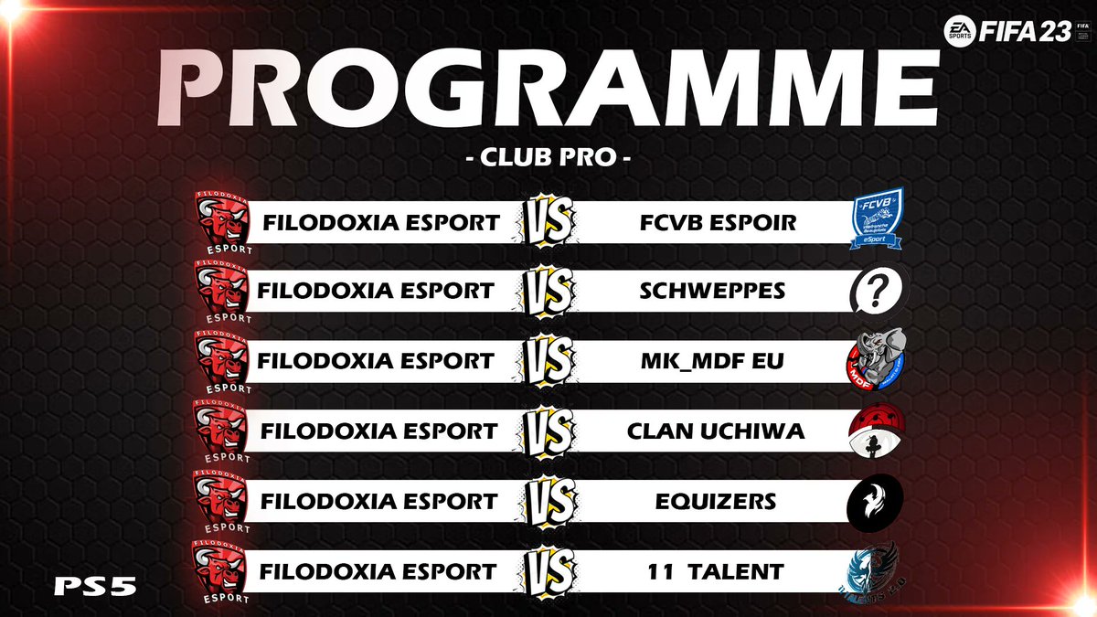 🗓️ Lundi 24 octobre 

Ce soir en <a href="/belgique_vpg/">VPG BELGIQUE 🇧🇪</a> <a href="/VPGEurope/">Virtual Pro Gaming | Europe</a> et <a href="/ELFFIFA/">ELF - ESPORT LEAGUE FRANCE</a>
5 matchs au total !!

Bm a vous 🤝
#schweppes @MDF_MK <a href="/ClanUchiwa_/">Clan Uchiwa</a> <a href="/eQuizersFC/">eQuizersFC</a> <a href="/11Talent/">FT11</a> @FilodoxiaOff
