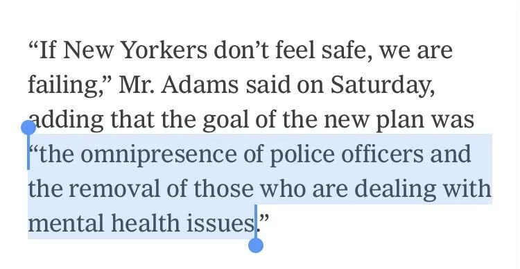 equalityAlec's tweet photo. Here are the Orwellian words of the New York City Mayor describing what the government wants to do: “omnipresence” of armed cops and a sort of cleansing from the city of human beings “dealing with mental health issues.” https://t.co/bFZwy68rgn