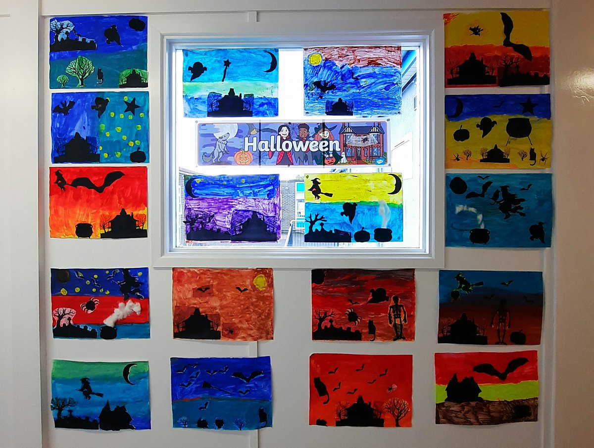 graydon_caitlin's tweet photo. The childrens Halloween silhouette art turned out so well I had to make another display! They've been getting compliments all day on these 🥰❤ #uuc #uucpgce #halloween https://t.co/k14LG0aKan