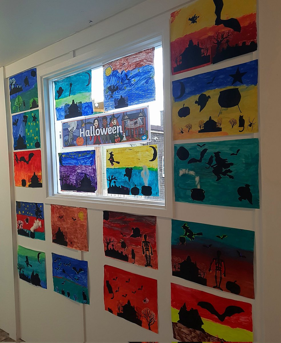 graydon_caitlin's tweet photo. The childrens Halloween silhouette art turned out so well I had to make another display! They've been getting compliments all day on these 🥰❤ #uuc #uucpgce #halloween https://t.co/k14LG0aKan