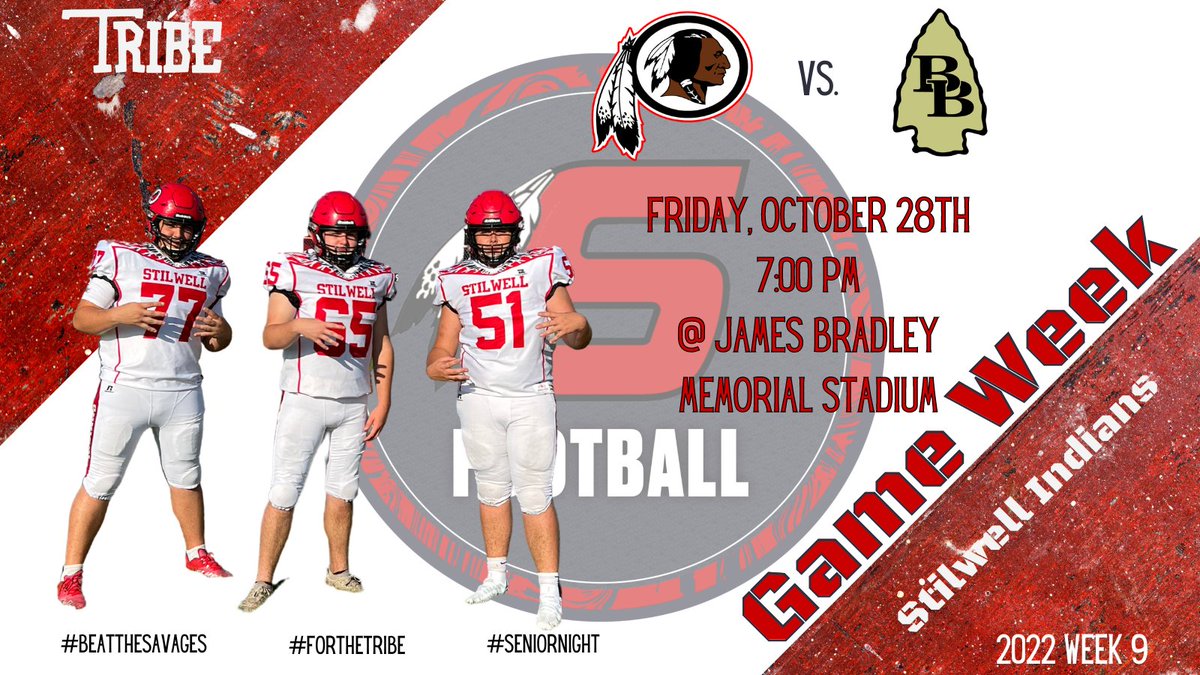 StilwellOKHSFB's tweet photo. It's Senior Night at JBMS as we continue our post-season push!
๐ Broken Bow
๐๏ธ Friday October 28th
โ๏ธ 7:00 PM CT
๐ James Bradley Memorial Stadium
#BeatTheSavages #ChasingOneAndZero #IAGDTBAI #StilwellSpirit #OKHSFB #RunItBack #ForTheTribe https://t.co/f2QXiDcnJO