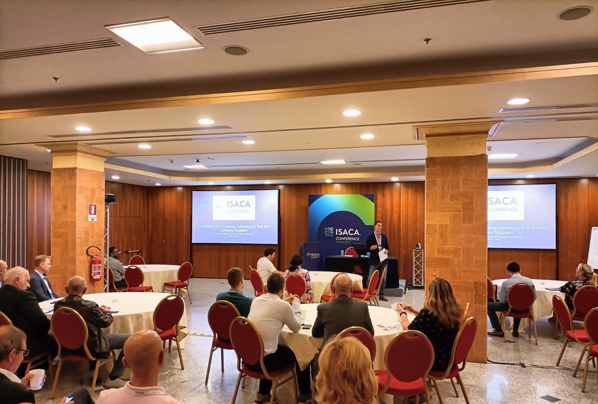 ReversingLabs's tweet photo. @ReversingLabs #SoftwareAssurance Evangelist @charlie_jones3 did a great job speaking at last week's @ISACANews #ISACACon about #softwaresupplychain risks and security best practices! https://t.co/NVnqgoida3