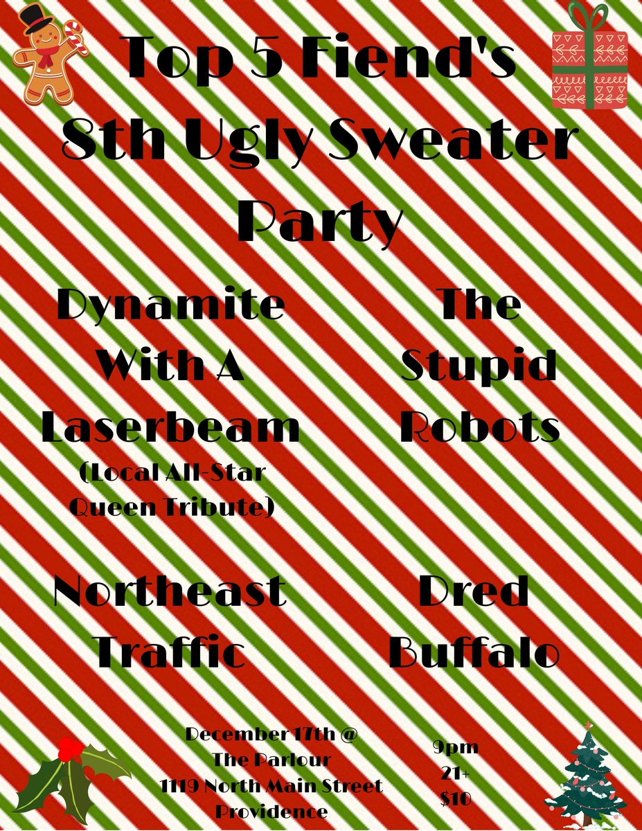 RobDuguay's tweet photo. #Top5Fiend's Ugly Sweater Party is coming back to @TheParlourProv on December 17th!!!
https://t.co/rc6XpgnOGg https://t.co/cZOdjdKV4p