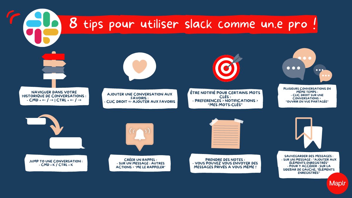 TIPS MAPLR 🔔 Sais-tu (vraiment) utiliser Slack ? 👀 Voici les 8 tips de notre Maplr Alexandre pour utiliser Slack comme un.e pro 💪🏻 

Alors lesquelles connaissais-tu ? 😇 💬

#maplr #slack #tips #dev #tech