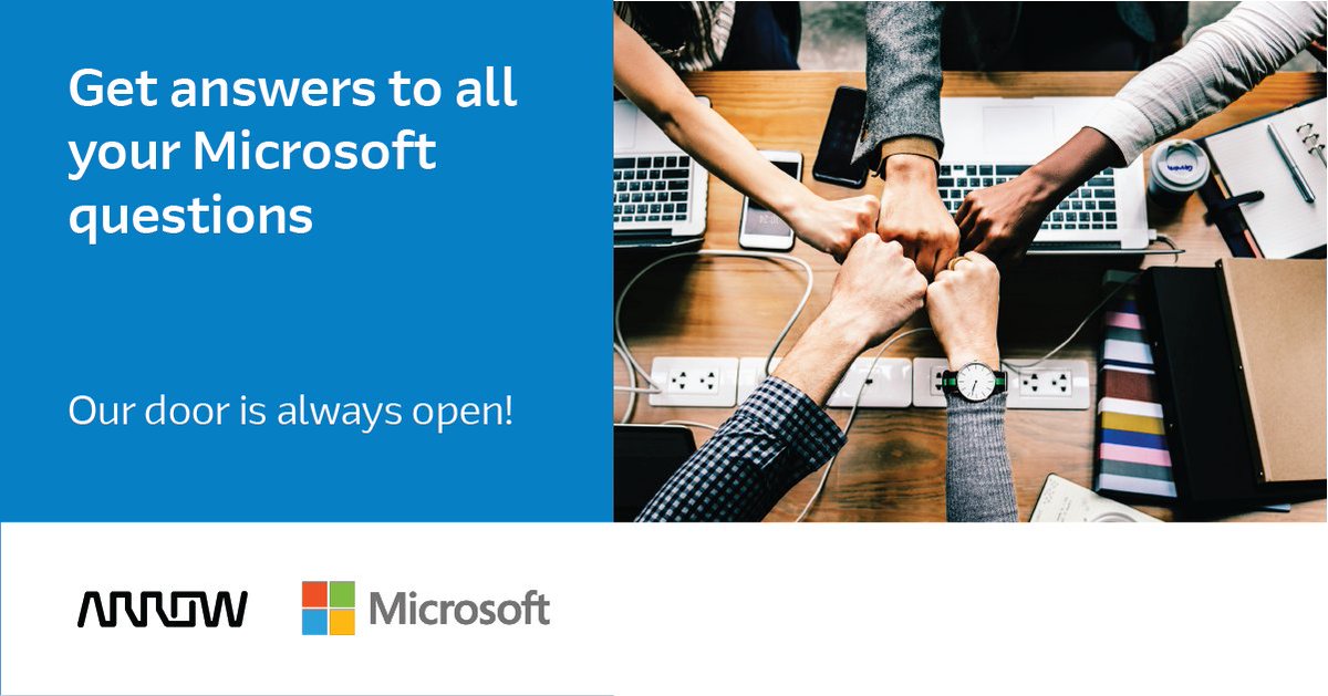 ArrowECS's tweet photo. Arrow is here for you on your schedule ⏰ Our Open Discussion Hour Sessions give you access to an experienced member of our sales team every Tuesday and Thursday. Join us to learn about a different @Microsoft topic each week → https://t.co/4db4tH0u4k

#Microsoft #MSpartner https://t.co/38VTQ53pZz