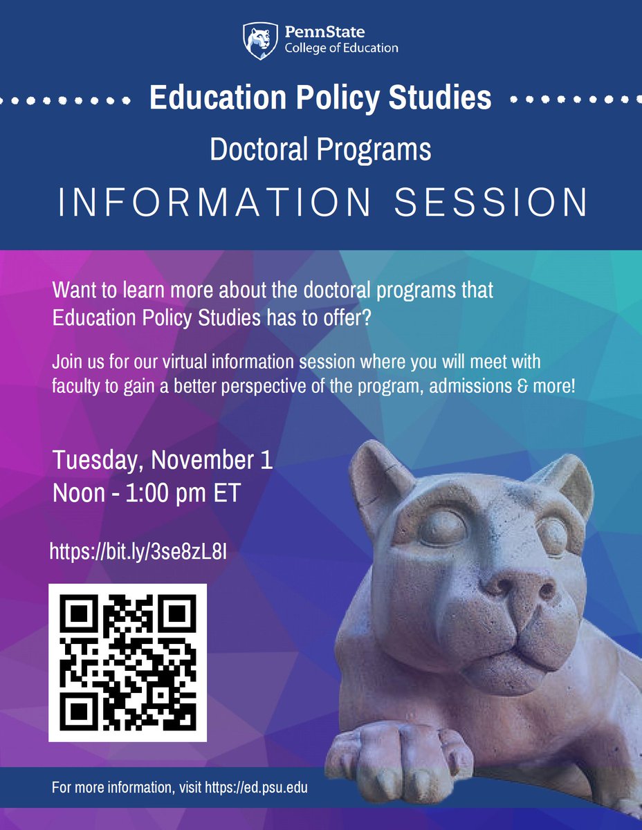 come learn more about our PhD & DEd programs next TUESDAY @PSU_EdPolicy!! Faculty & policy friends, please share with master's students who might be interested!