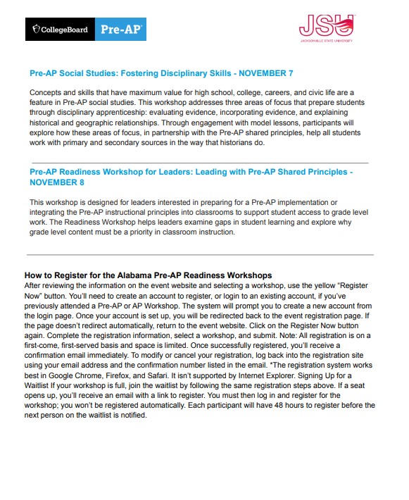 Are you looking for ALSDE Teams Approved PD sessions? JSU Inservice is hosting a few. Register soon for November 2nd Pre-AP workshop.