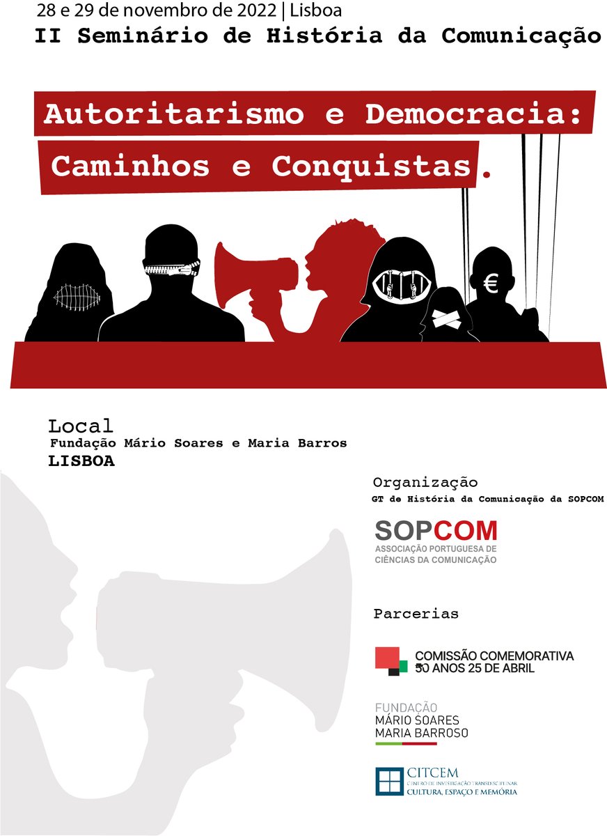 AsHisCom_'s tweet photo. 📣📣 ¡El 30 de octubre finaliza el plazo para presentar propuestas en el "II Seminario de #HistoriaDeLaComunicación", promovido por #SOPCOM y la fundación Mário Soares y Maria Barroso 📚

🔸Sobre #Autoritarismo e #Democracia: caminhos e conquistas

Más👉 https://t.co/xNburbxi5o https://t.co/W2GGvzG5aA