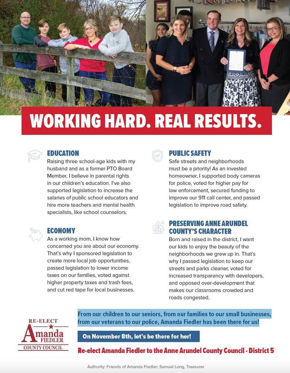 From our children to our seniors, from our families to our small businesses, from our veterans to our police, Amanda Fiedler has been there for us! On November 8th, let’s be there for her! 

Vote to re-elect Amanda Fiedler to the Anne Arundel County Council District 5!