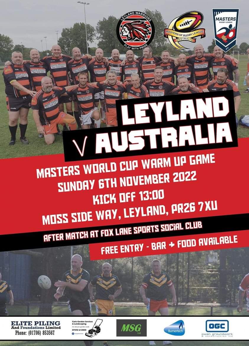 Hey @adamhillscomedy the Aussies are coming! Australia visit Leyland Warriors to play in a Masters World Cup warm up game on 6th November. We have a cold one waiting for you 🍺