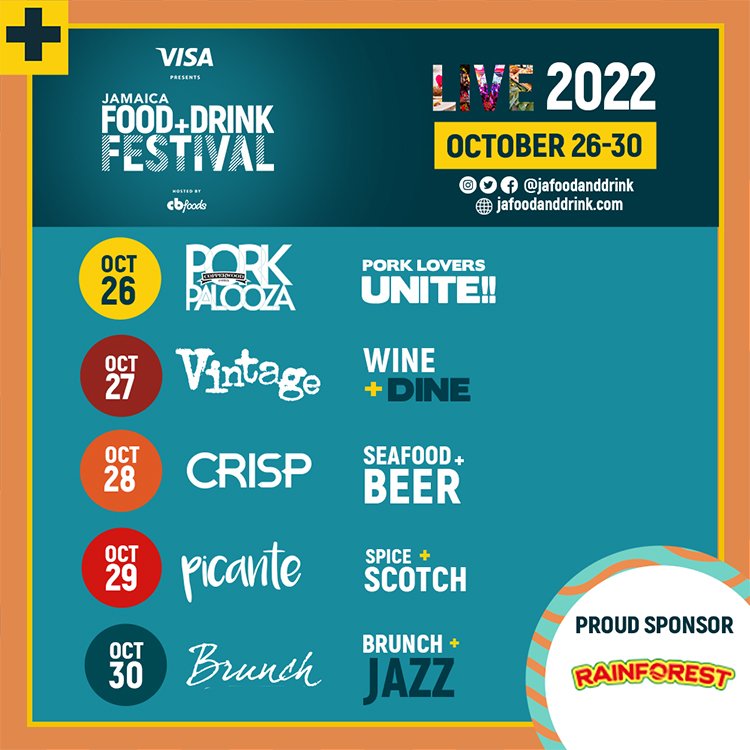 RainforestCarib's tweet photo. All roads lead to Jamaica Food and Drink Festival October 26- October 30!
As a proud sponsor of this exciting festival, we invite you to come out and make delicious moments with us and this cadre of talented chefs.
#MakeDeliciousMoments
#JFDF2022
#RainforestCaribbean https://t.co/N3yjSgkkLX