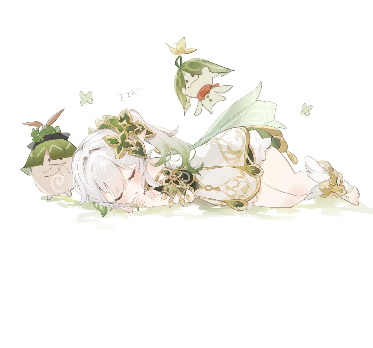 nahida (genshin impact) 1girl sleeping closed eyes side ponytail dress hair ornament lying  illustration images