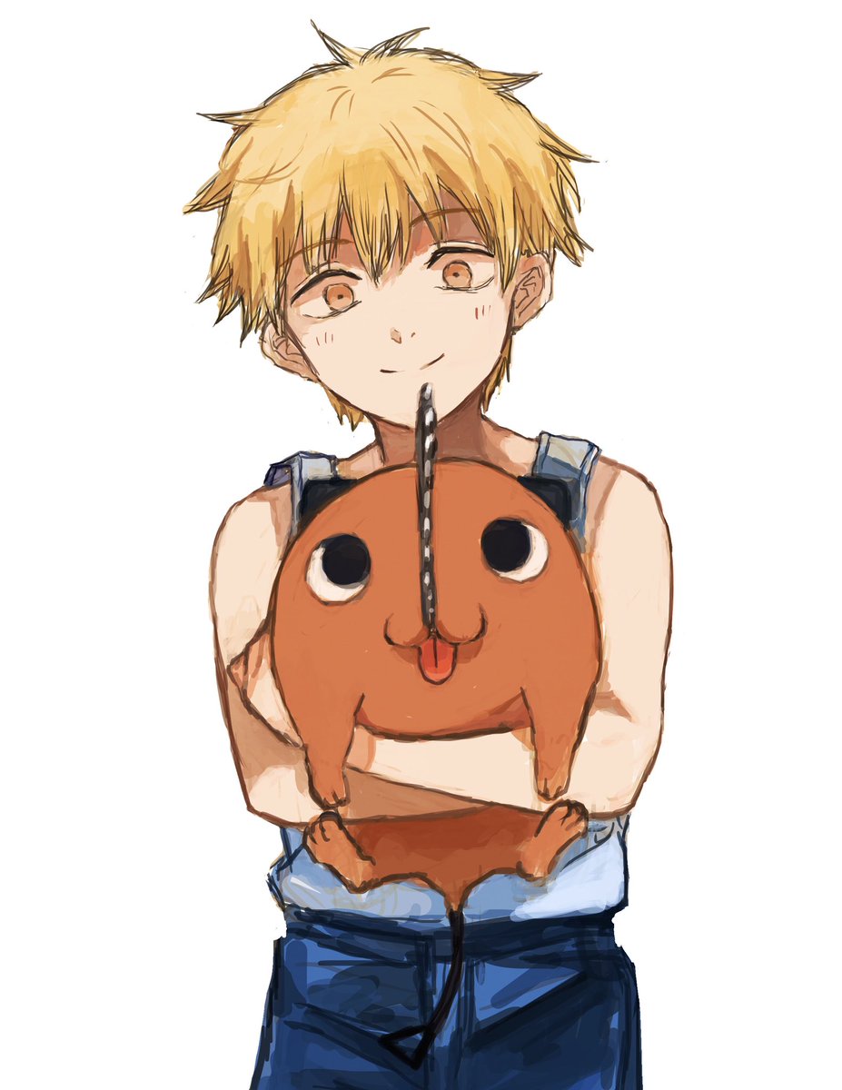 denji (chainsaw man) ,pochita (chainsaw man) blonde hair 1boy white background simple background smile short hair looking at viewer  illustration images