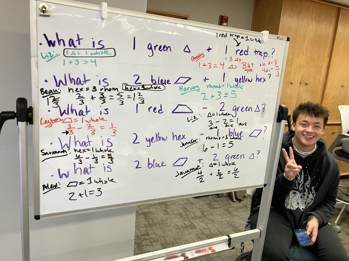 MathEdWSU's tweet photo. Look at @LeytonKo2 enjoying exploring fractions in our #FirstYearSeminar, FYED 102E: A Math Class in Solving for Why. https://t.co/RiWi4swBY8