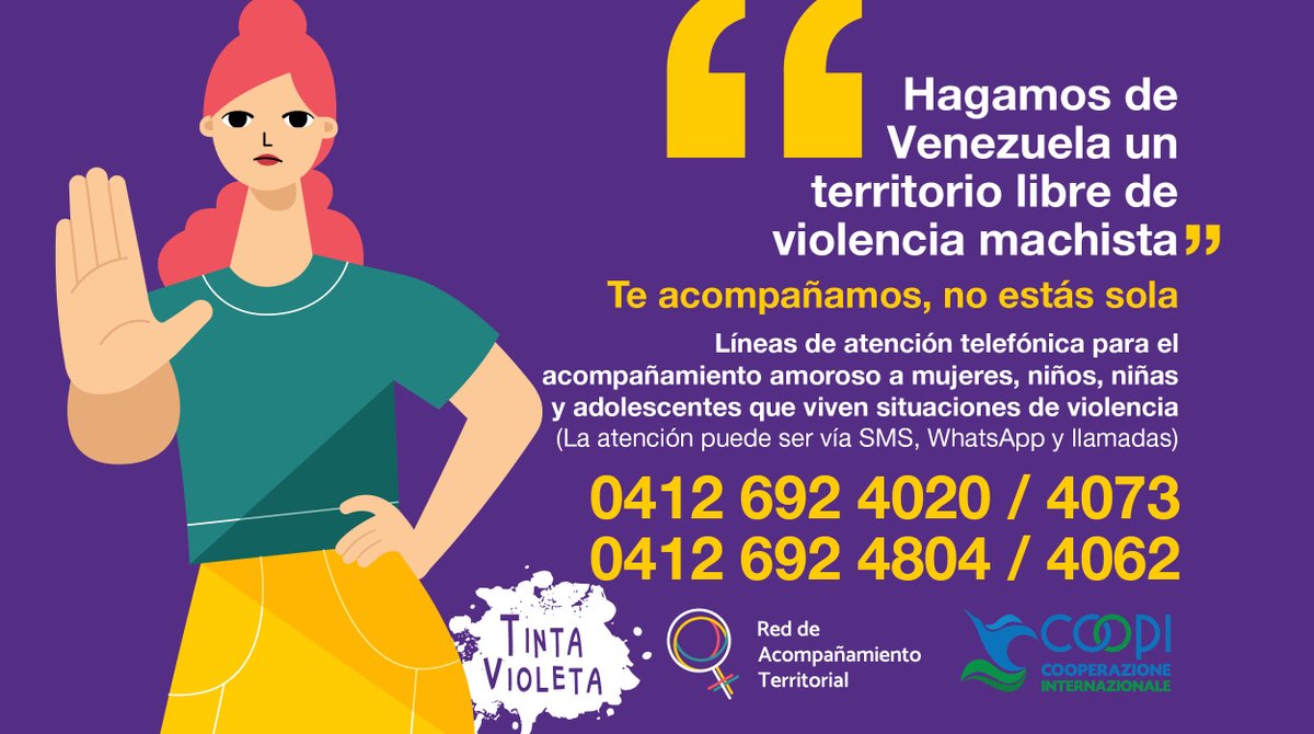tinta_violeta's tweet photo. ♀️La Red de Acompañamiento Territorial, plataforma que agrupa a distintas colectivas para brindar apoyo a mujeres y NNA, pone a disposición estos números de atención en casos de VbG.
📲Por SMS, WhatsApp y llamadas
⏰De 6 am a 10 pm
Todos los servicios son gratuitos

#NosTenemos https://t.co/bL2w1305ZH