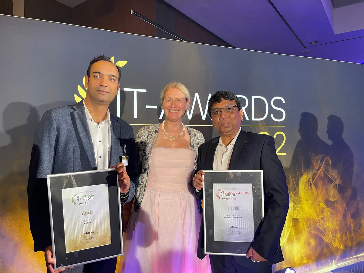 InfosysEurope's tweet photo. Today we have been celebrating the IT Awards in Augsburg, Germany, with two great wins. Infosys has received silver for Managed Cloud Hosting at the CloudComputing Insider Awards, and gold for our Analytics at the BigData Insider awards! #BigDataInsider #CloudComputingInsider https://t.co/uKjS3ozd4m
