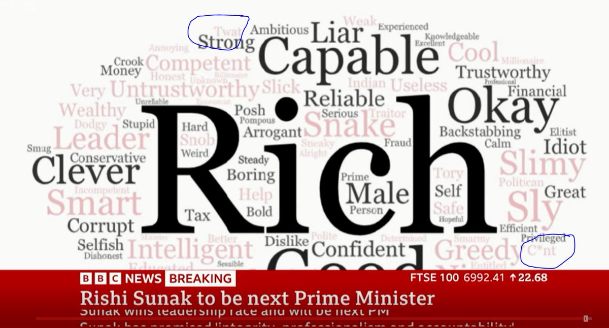 SpenJoeScience's tweet photo. With fast paced news it’s risky that the @BBCBreaking forgets to censor some descriptions of our new PM. #RishiSunak #bbcnews #newsfail #WordCloud #newPM #primeministerofuk #bbcreports https://t.co/IqSte3VYv8