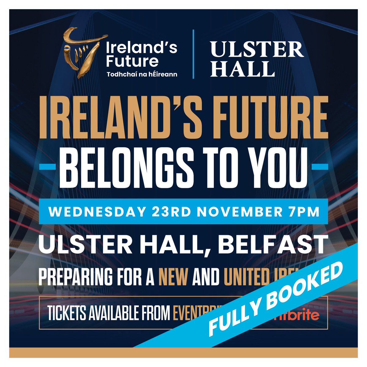 🚨Announcement 🎟Ireland’s Future - Belongs To You in the Ulster Hall on 23 Nov is now fully booked 🗣Tickets have all sold in less than a week 🗓There is still over a month until the event takes place 🗳The appetite for constitutional change in Ireland has never been greater