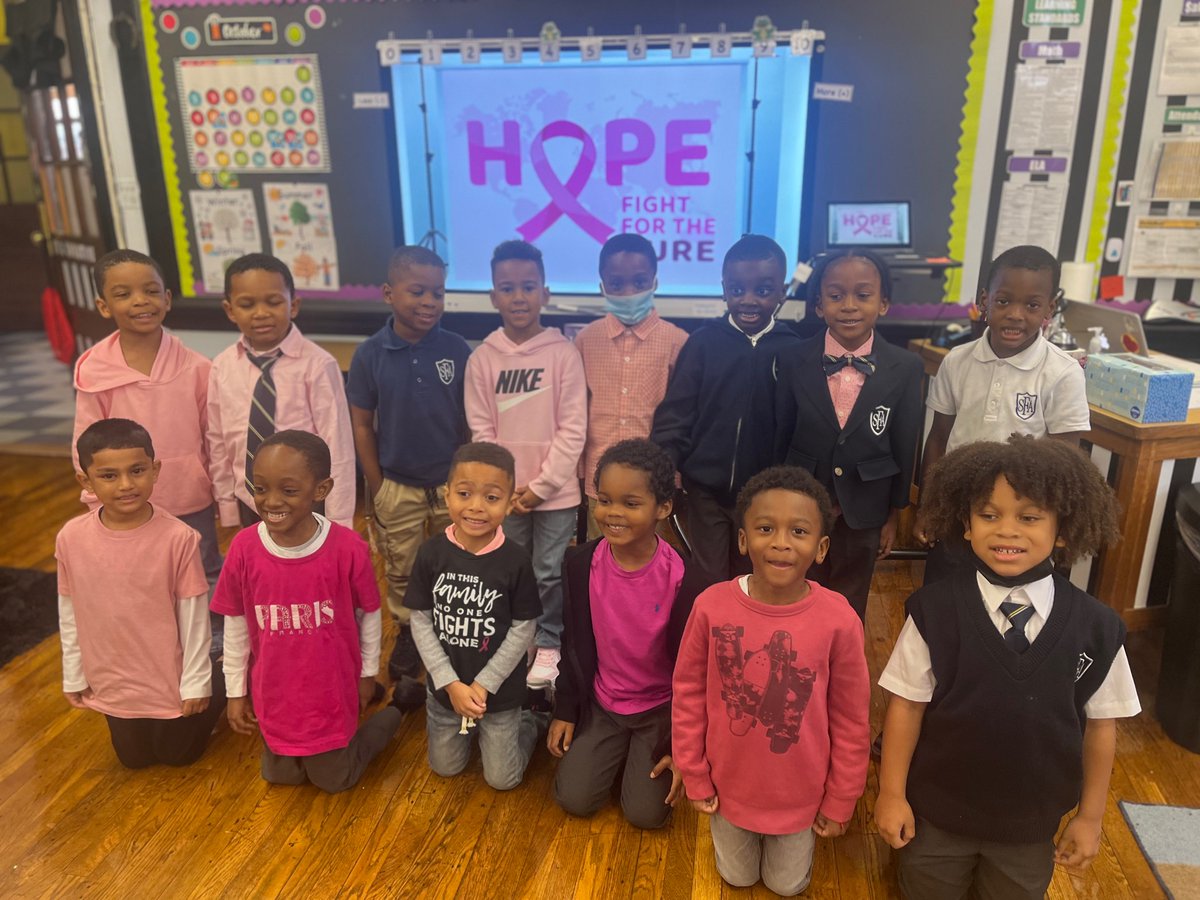 MurraySFABX's tweet photo. Wear It Pink Day in Kindergarten. Together we are Strong! #Kindergarten #WearItPink #BreastCancerAwareness #SFABronx https://t.co/Nxf6mVS9wd