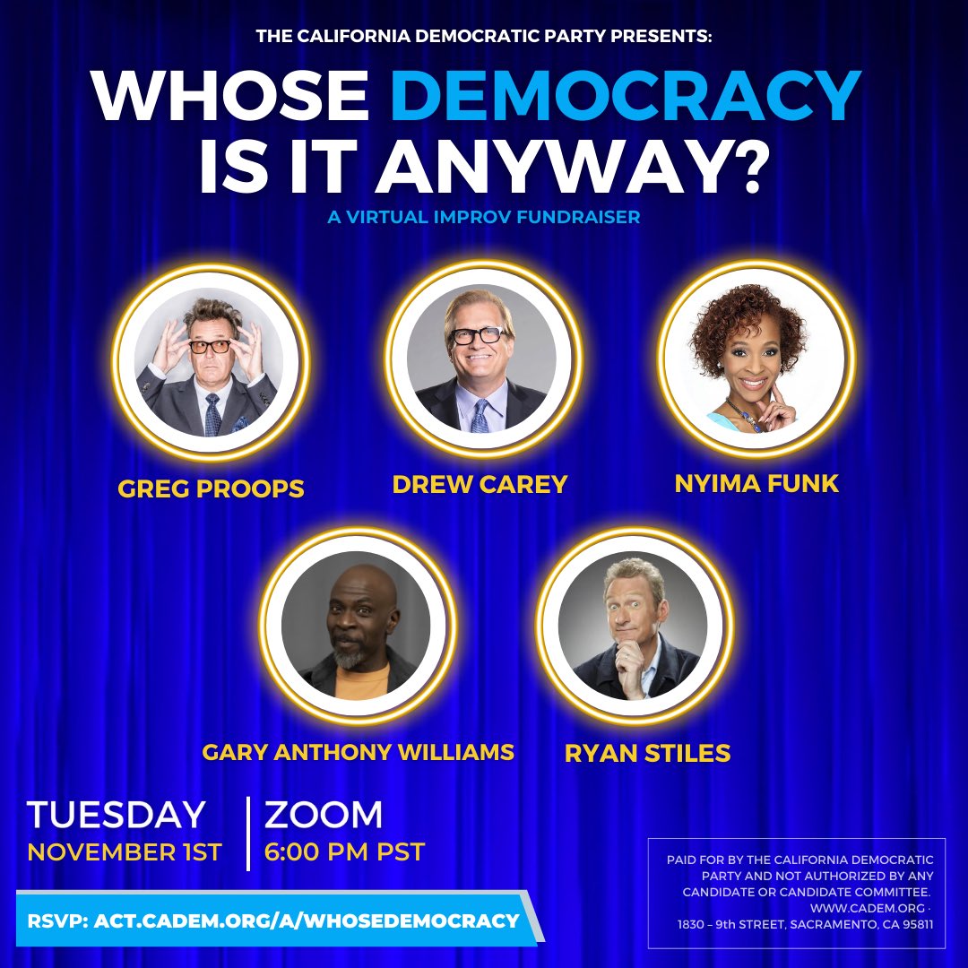 Taking a few days off. Join us Whose Line Riffest November 1 6pm West Coast Time For @CA_Dem @WhoseRyanStiles @DrewFromTV @NyimaFunk @GaryAWilliams act.cadem.org/a/whosedemocra…