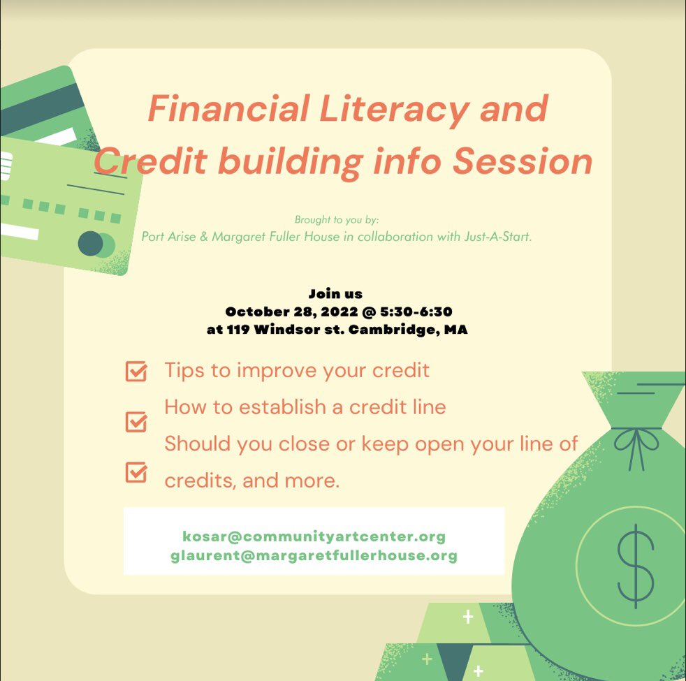 Margaret Fuller Neighborhood House (@mfnh71) on Twitter photo Join us this Friday (10/28) at the Community Art Center to learn more about building credit. We are excited to host this event in collaboration with <a href="/JustAStartCorp/">Just A Start</a> and Port Arise. Join us this Friday (10/28) at the Community Art Center to learn more about building credit. We are excited to host this event in collaboration with <a href="/JustAStartCorp/">Just A Start</a> and Port Arise.