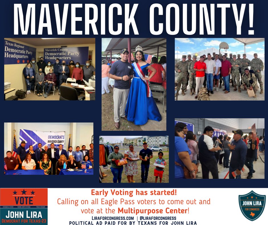 LiraForCongress's tweet photo. Howdy, folks! #TeamLira & I are visiting Maverick County on this first day of #EarlyVoting2022 in #TX23!
All those near Eagle Pass, be sure to come out and vote at the Multipurpose Center! Your vote matters!✊🏽🗳️
#VoteLira #FlipTX23 #ReadytoFlip #GONEzales https://t.co/baRC9ANPJu