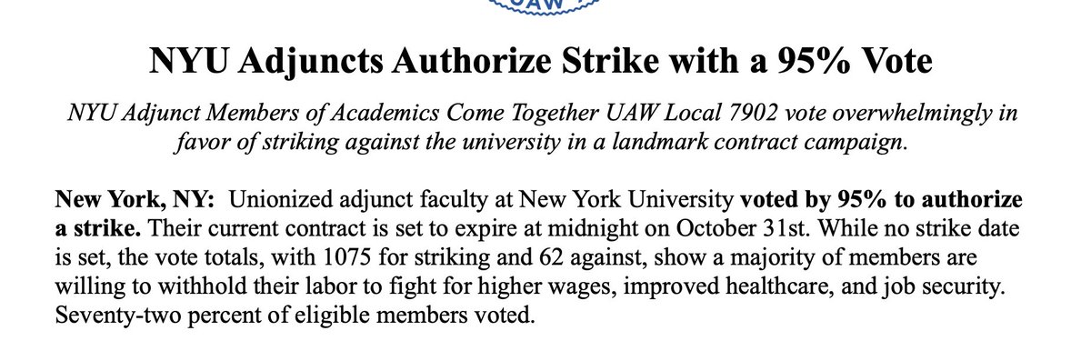 INBOX: NYU adjuncts just voted by 95% to authorize a strike. “Even when I taught four courses, I didn't make enough money at NYU to pay for health insurance for my family.” - David Vinjamuri, marketing professor