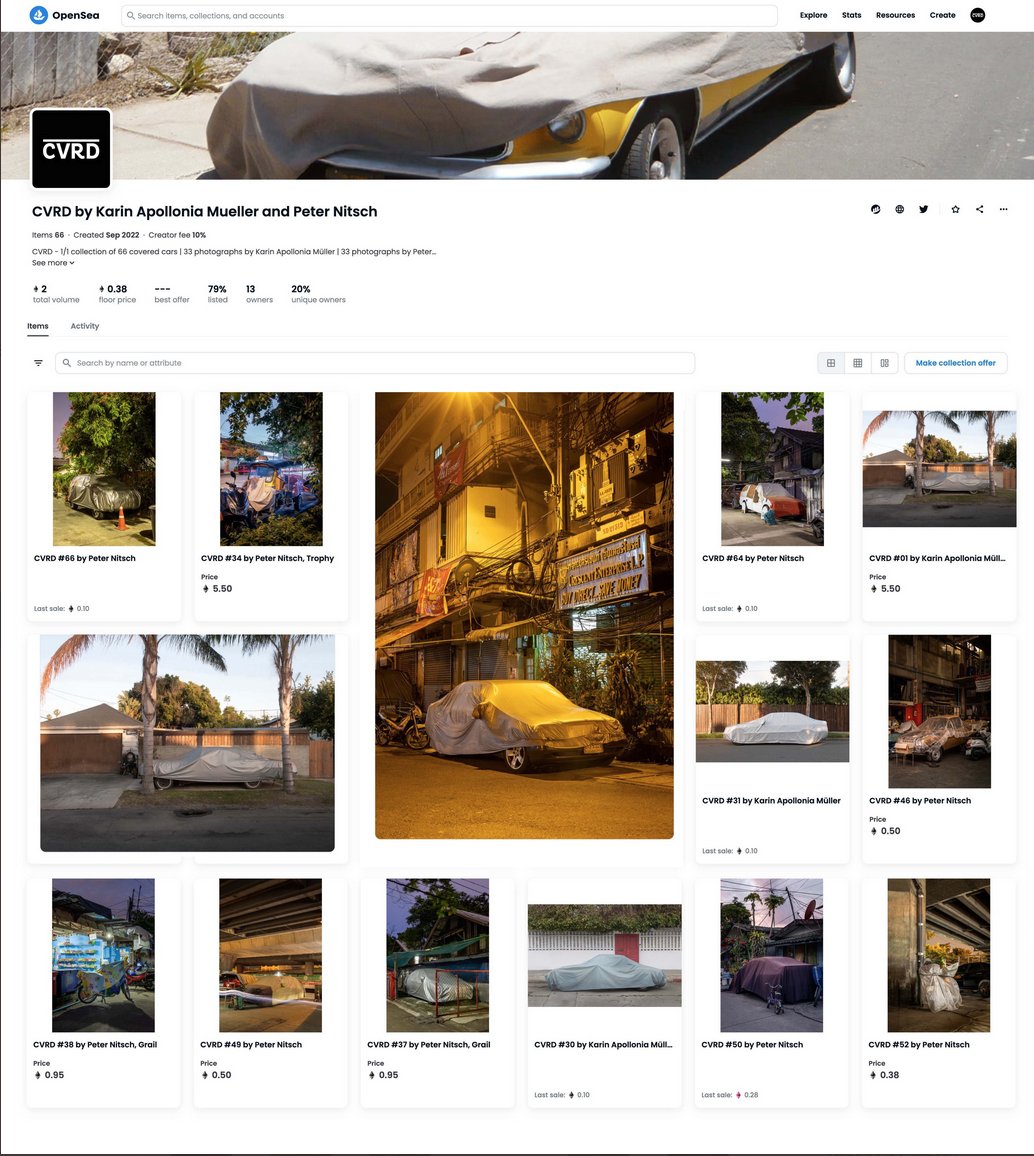 🚚🚐🚒🚑🚓CVRD🚲🛵🏍️🚜🚛🚘

1/1 collection of 66 photographs

33 by Karin Apollonia Müller, Los Angeles <a href="/_KAMPhotography/">Apollonia Mueller</a>

33 by Peter Nitsch, Bangkok 
<a href="/peternitschcom/">Peter Nitsch</a>

OpenSea:
🔗opensea.io/collection/cvr…

Collection info:
🔗