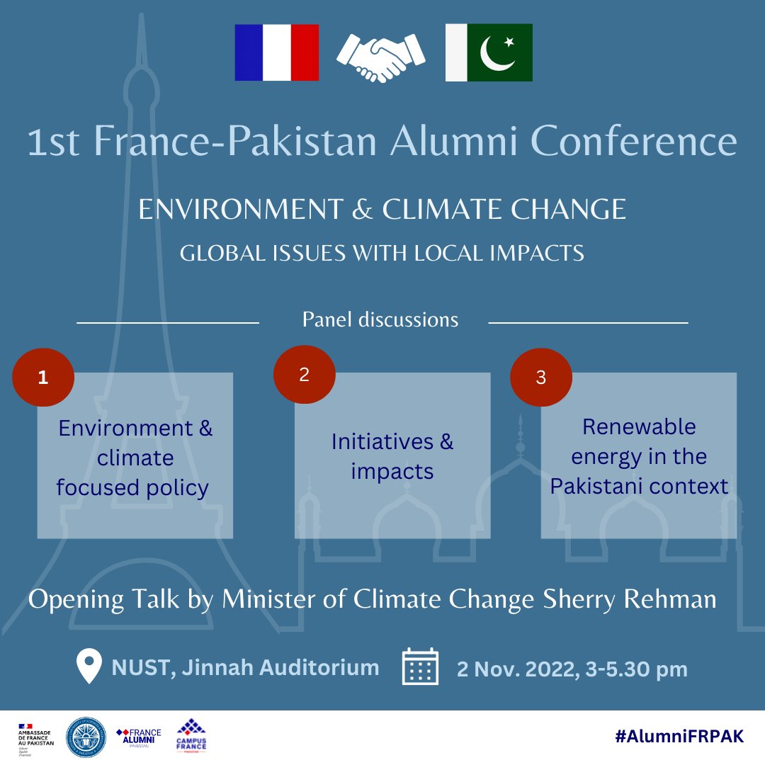 1st edition of #ChooseFranceEducationFair in 🇵🇰 ➡️ let's put the light on the #Alumni ! #ClimateChange conference by 🇨🇵-🇵🇰 Alumni next week, stay tuned by the link to attend on-line! @FranceAlumni @CampusFrance @PakinFrance @FranceinPak @ClimateChangePK @SRehmanOffice