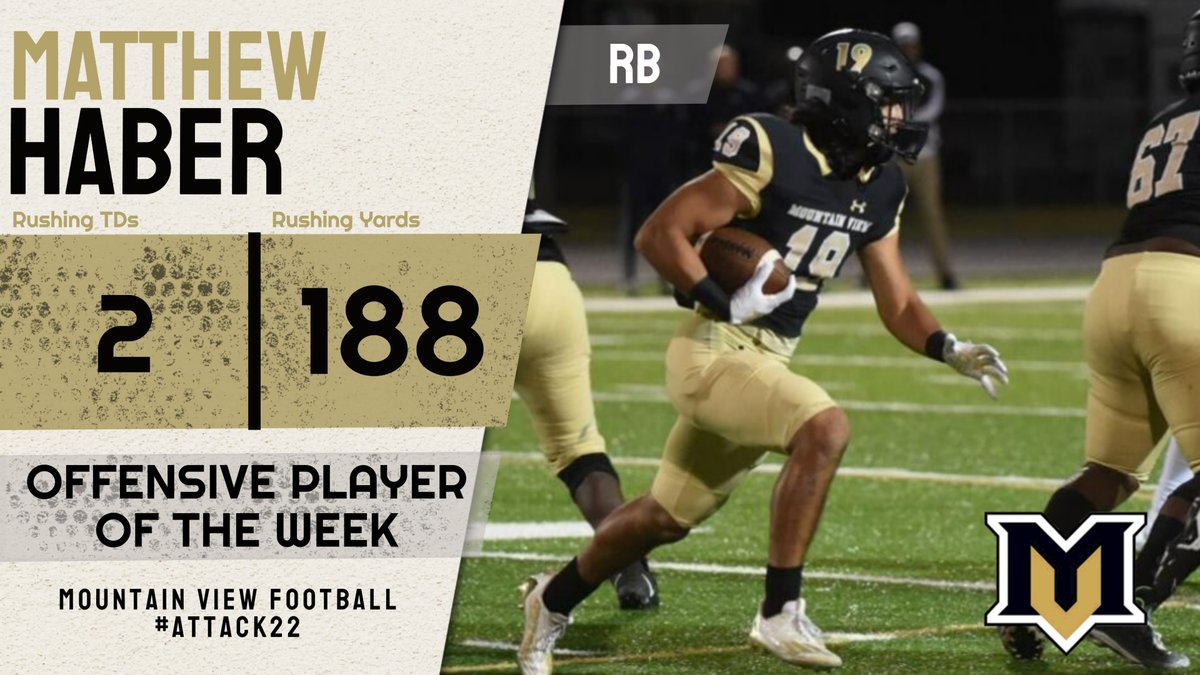 MVFootballBears's tweet photo. Our Co-Offensive player of the week vs. Central Gwinnett was Matthew Haber, RB, #19. @MatthewHaber16 had 25 carries for 188 yards, and two rushing TDs. Matthew has improved each week, and will continue that trend this week as well. Congrats Matthew! #ATTACK22 https://t.co/m0gPKKslzf